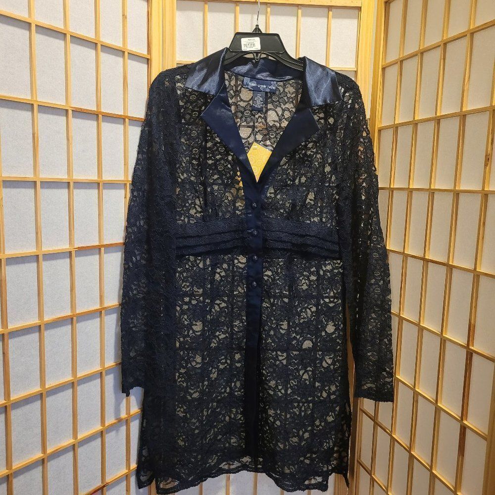Susan Graver Womens Sheer Blue Lace Duster Jacket Sz PM NWT